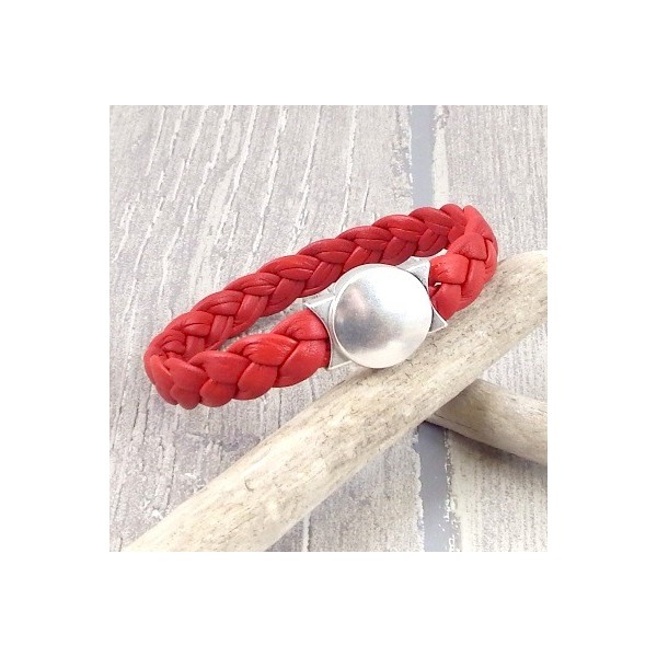 Kit bracelet cuir rouge tresse fermoir rond argent