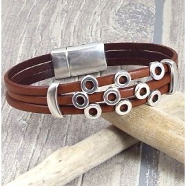 kit bracelet cuir marron cercles argent pour