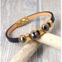 Kit bracelet cuir verni noir avec perles cristal et or