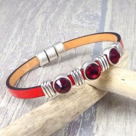 Kit bracelet cuir rouge Nathalie avec perles cristal et argent
