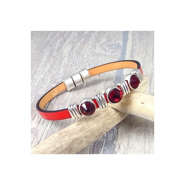 Kit bracelet cuir rouge Nathalie avec perles cristal et argent