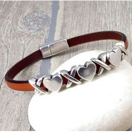 Kit bracelet cuir marron perles coeur argent