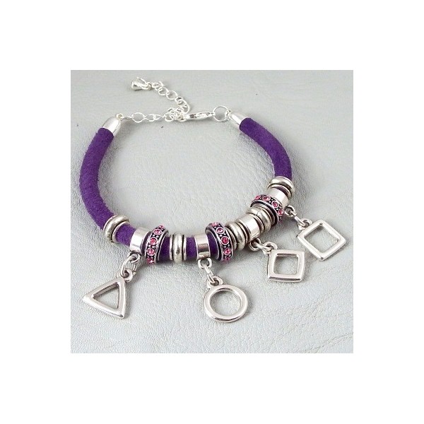 Kit bracelet cuir daim violet perles et breloques argent