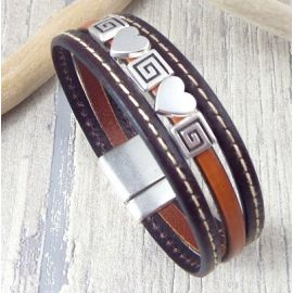 Kit bracelet cuir marron coutures coeurs argent avec tutoriel