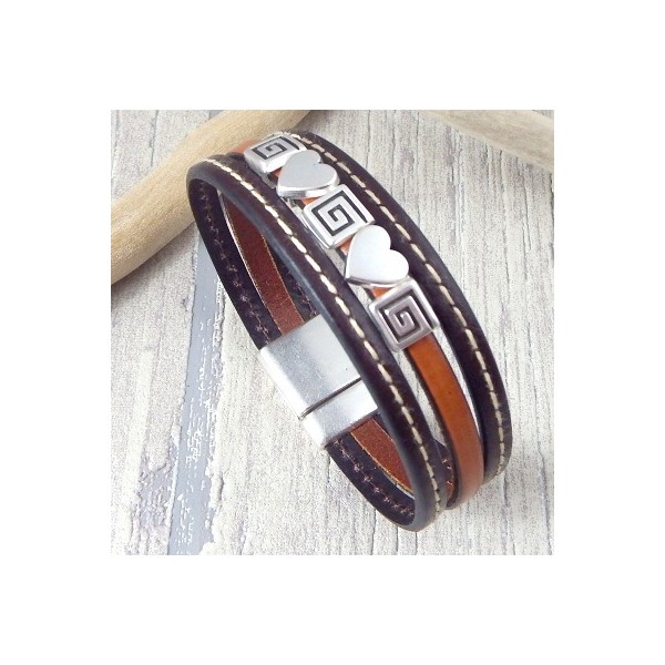 Kit bracelet cuir marron coutures coeurs argent avec tutoriel