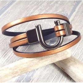 Kit bracelet cuir homme cuivre double et fermoir fer a cheval gun metal