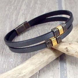 Kit bracelet cuir anthracite gun metal et or