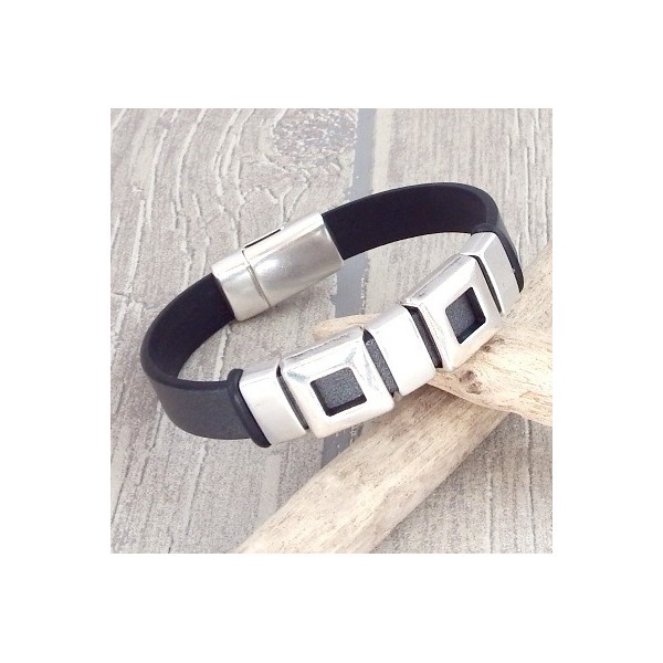 Kit bracelet cuir geometrique gris et argent homme