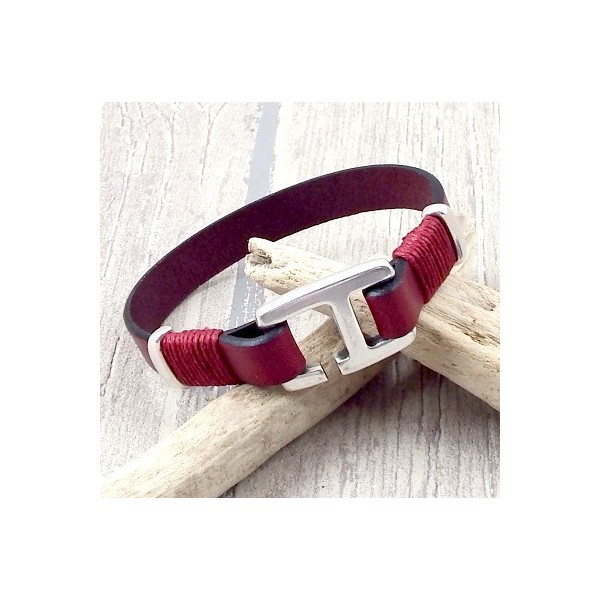 Kit bracelet cuir homme bordeaux fermoir crochet rectangle