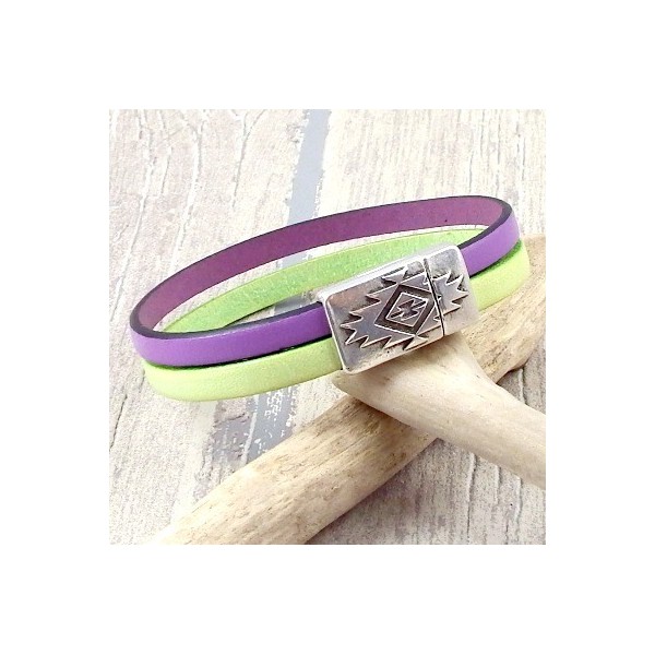 Kit bracelet cuir pastel mauve et vert fermoir argent style azteque