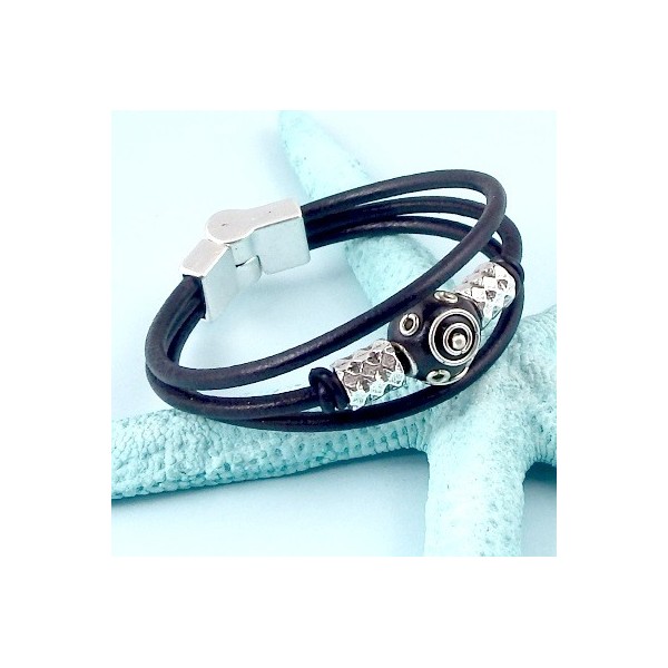 Kit bracelet cuir 3 cordons noir perles argent et kashmiri
