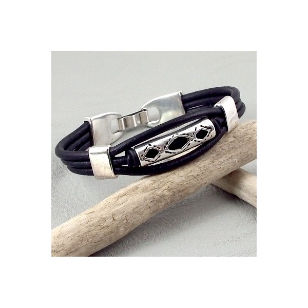 Kit bracelet cuir 3 cordons noir passant ethnique argent