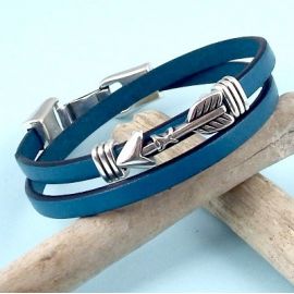 Kit bracelet cuir turquoise fonce fleches et fermoir argent