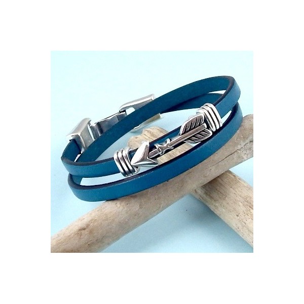 Kit bracelet cuir turquoise fonce fleches et fermoir argent