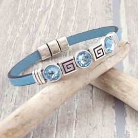 Kit bracelet cuir bleu ciel perles argent et cristal swarovski aqua