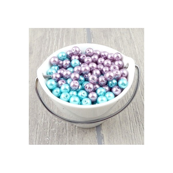 Lot de perles en verre nacrees turquoise et mauve 161 grammes 8mm