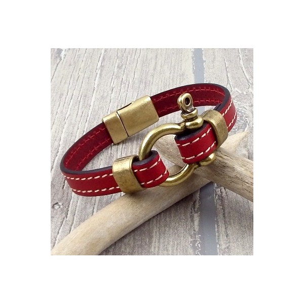 Kit bracelet cuir rouge coutures manille et fermoir bronze