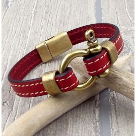 Kit bracelet cuir rouge coutures manille et fermoir bronze