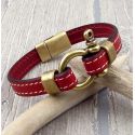Kit bracelet cuir rouge coutures manille et fermoir bronze