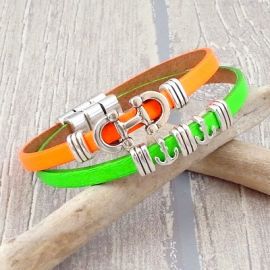 Kit bracelet cuir orange fluo et argent