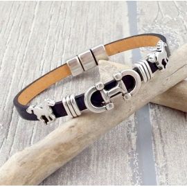 Kit bracelet cuir verni noir avec passants argent style cheval