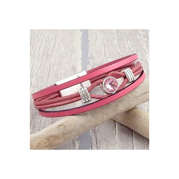 Kit tutoriel bracelet cuir rose antique cristal swarovski avec perles et fermoir plaque argent