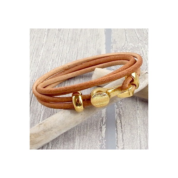 Kit bracelet cuir naturel passant et crochet or