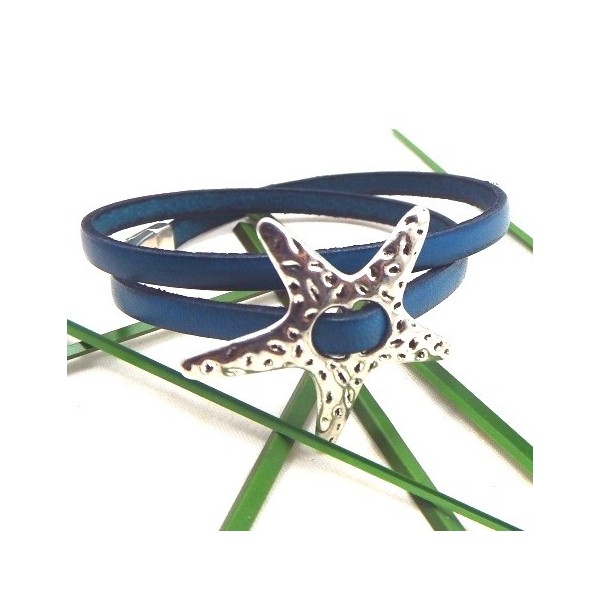 Kit bracelet cuir bleu outremer etoile metal argente 