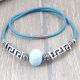 Kit collier cuir bleu ethnique argent et ceramique artisanale