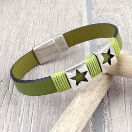 kit bracelet cuir vert anis et argent boho