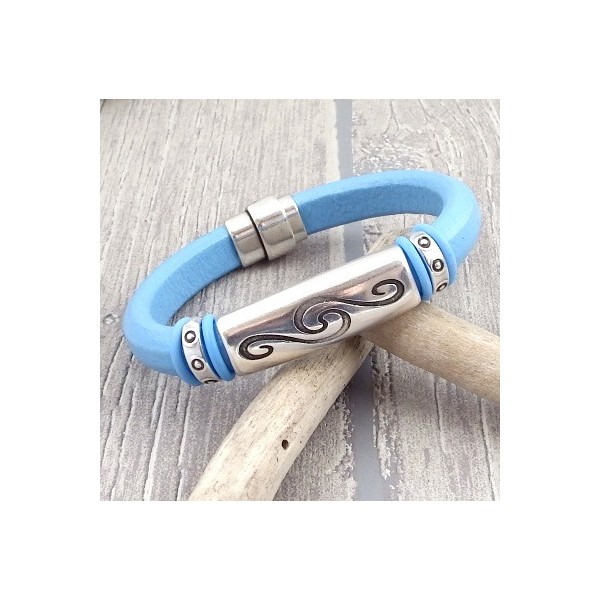 Kit tutoriel bracelet cuir regaliz bleu ciel ethniuqe boho avec perles et fermoir plaque argent