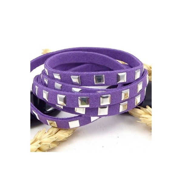 cordon suedine  style daim violet avec clous argentes 6.5mm