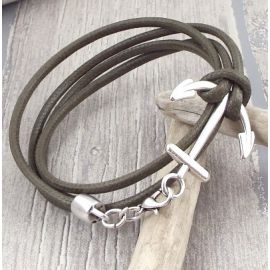 Kit bracelet cordon kaki homme marron ancre marine et fermoir ancre marine argent