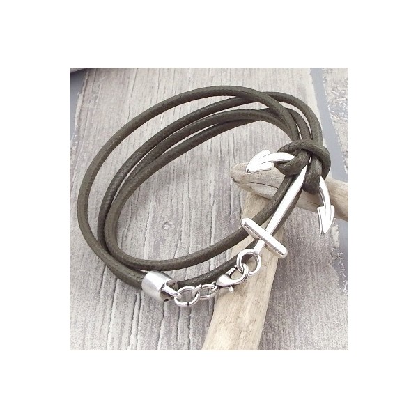 Kit bracelet cordon kaki homme marron ancre marine et fermoir ancre marine argent