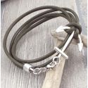 Kit bracelet cordon kaki homme marron ancre marine et fermoir ancre marine argent