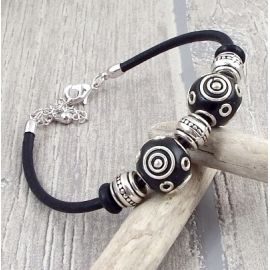 Kit bracelet cuir noir perles kashmiri et argent