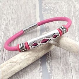 Kit tutoriel bracelet cuir fuchsia ethnique zamak argent modele 2