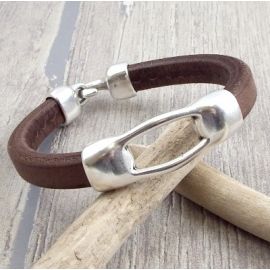 kit bracelet cuir regaliz marron deux parties fermoir plaque argent