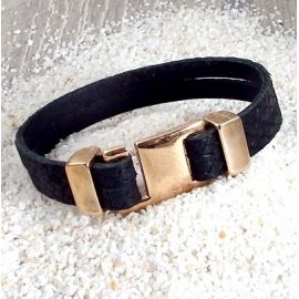 Kit bracelet cuir noir reptile fermoir crochet rectangle or rose