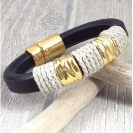 kit bracelet cuir regaliz noir chanvre et or boho