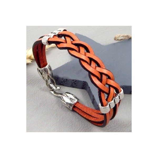 Kit tutoriel bracelet cuir tresse 4 brins orange et argent