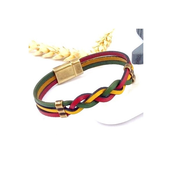 Kit bracelet cuir rouge vert jaune tresse rasta