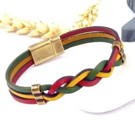 Kit bracelet cuir rouge vert jaune tresse rasta