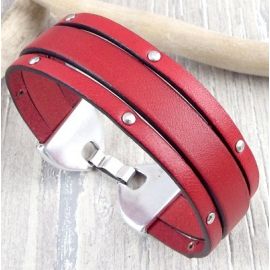 Kit tutoriel bracelet cuir rouge avec clous et fermoir plaque argent