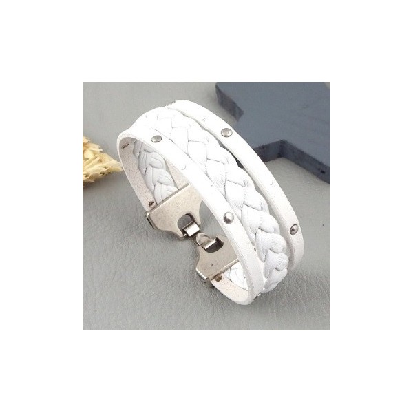 Bracelet cuir blanc large réalisé avec Cuir plat tresse blanc 10mm 