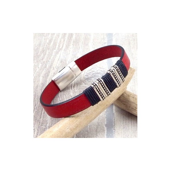 kit  bracelet cuir homme ethnique rouge et noir 
