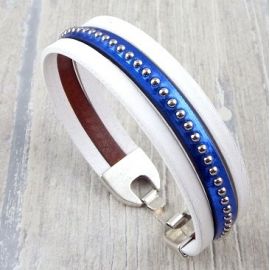 Kit bracelet cuir blanc et bleu metal