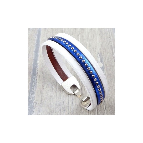Kit bracelet cuir blanc et bleu metal