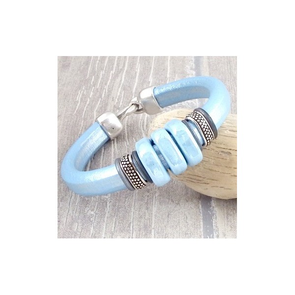 kit bracelet cuir regaliz bleu metal rocailles cuivre zamak