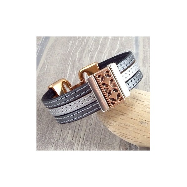 Kit bracelet cuir manchette coutures argent et or rose ethnique